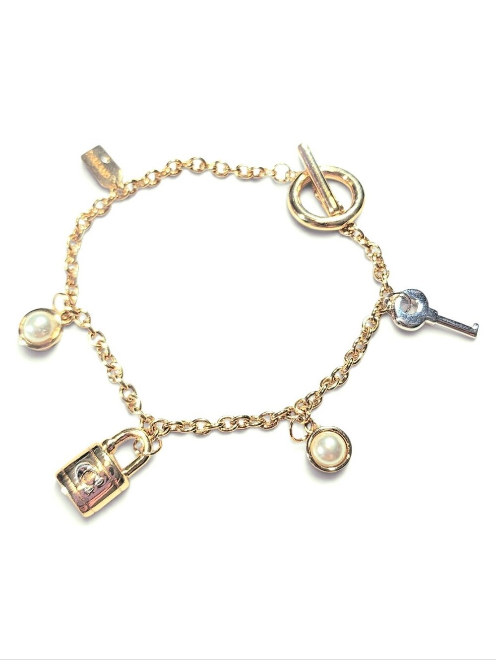 Coach Signature Padlock & Key Pearl Charm Bracelet Gold Silver Toggle Clasp